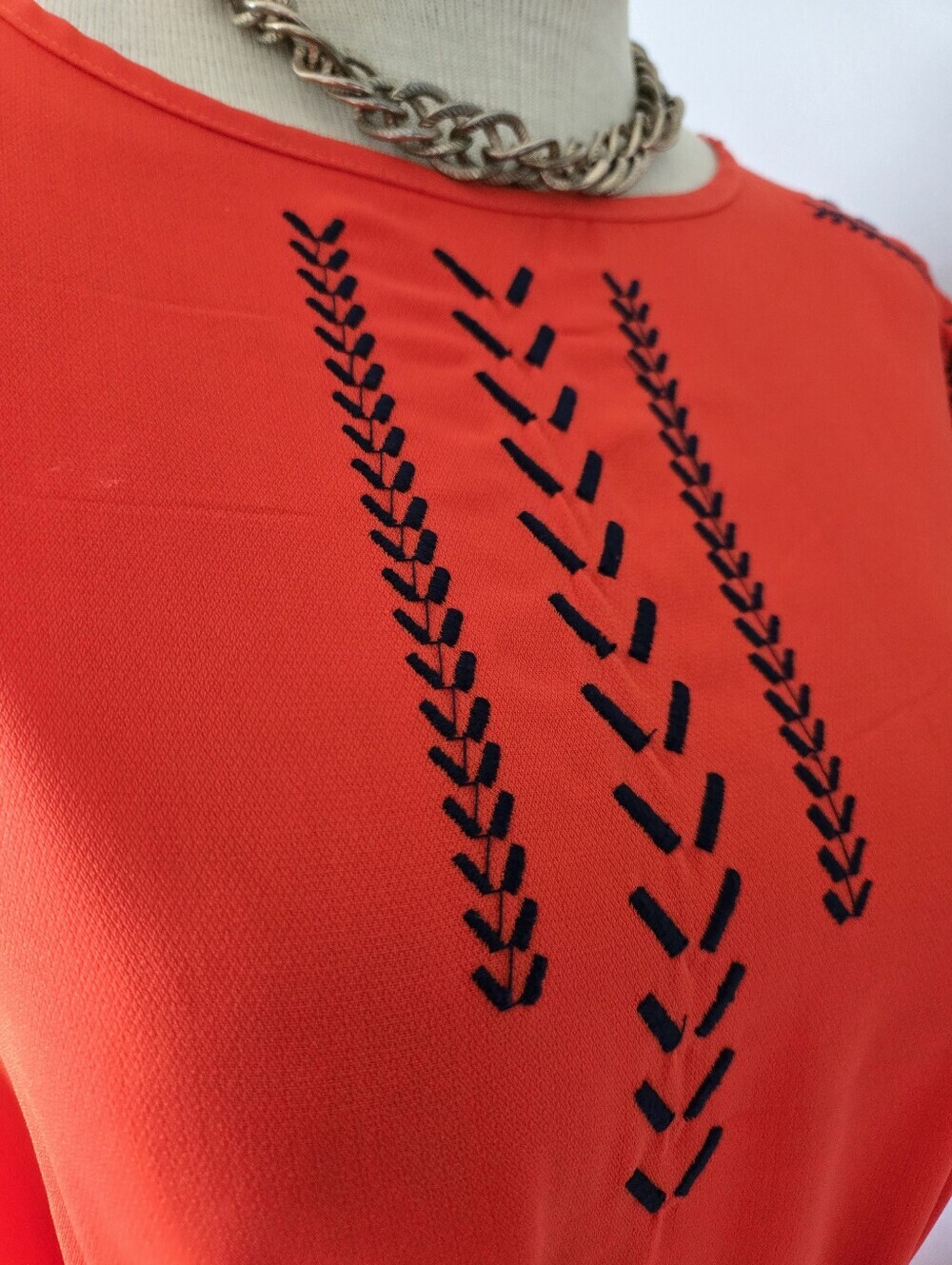 Ya Los Angeles Bright Orange Dress With Navy Embroidery. Belted Dress. Size Sm - Picture 6 of 12